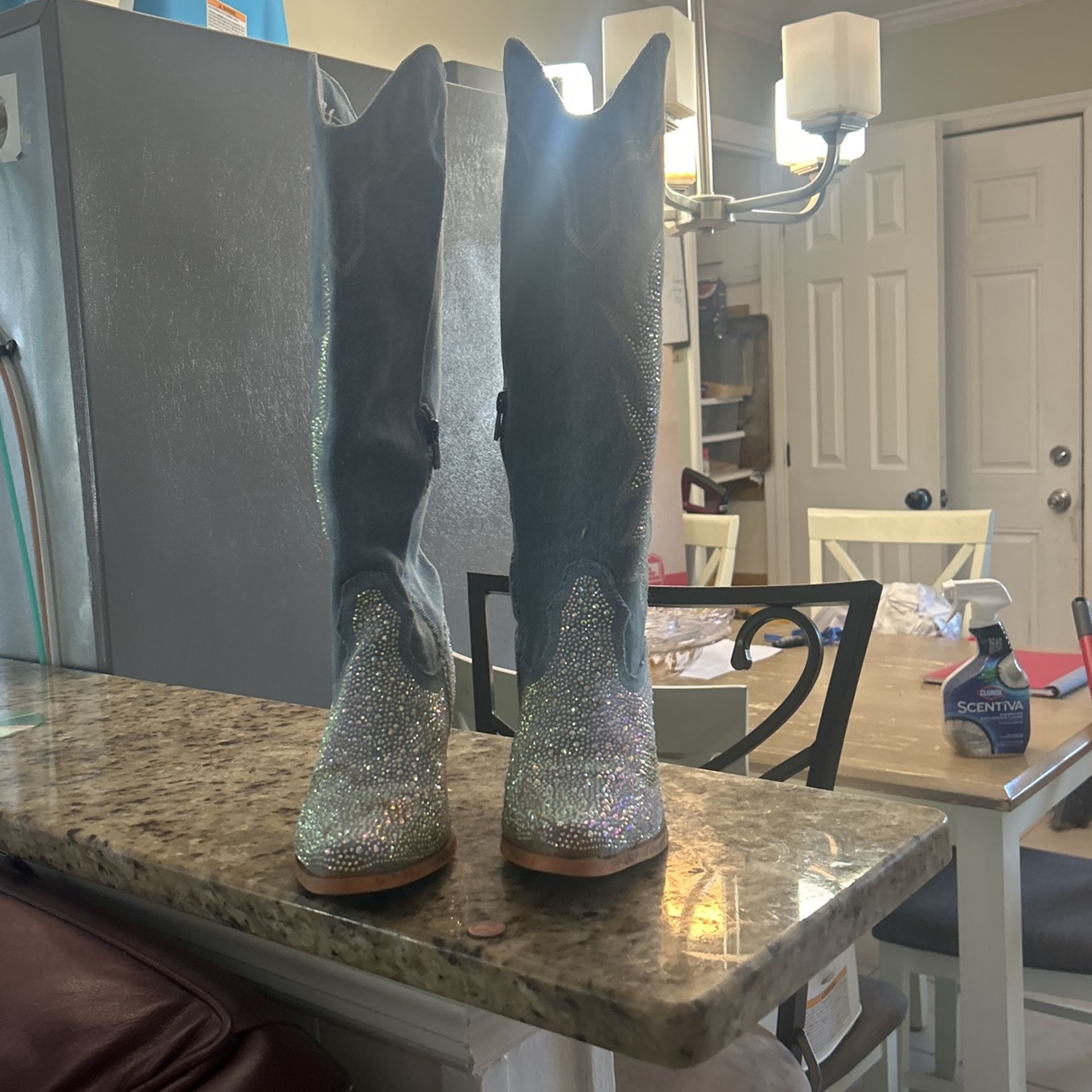 Blue Boots With Gems Outside