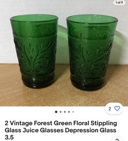 Vintage Forest Green Floral Stippling Glass Juice Glasses Depression Glass 