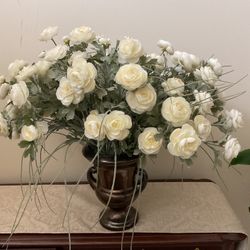 LARGE OFF WHITE BUFFET FLORAL ARRANGEMENT WITH BRONZE GLASS VASE