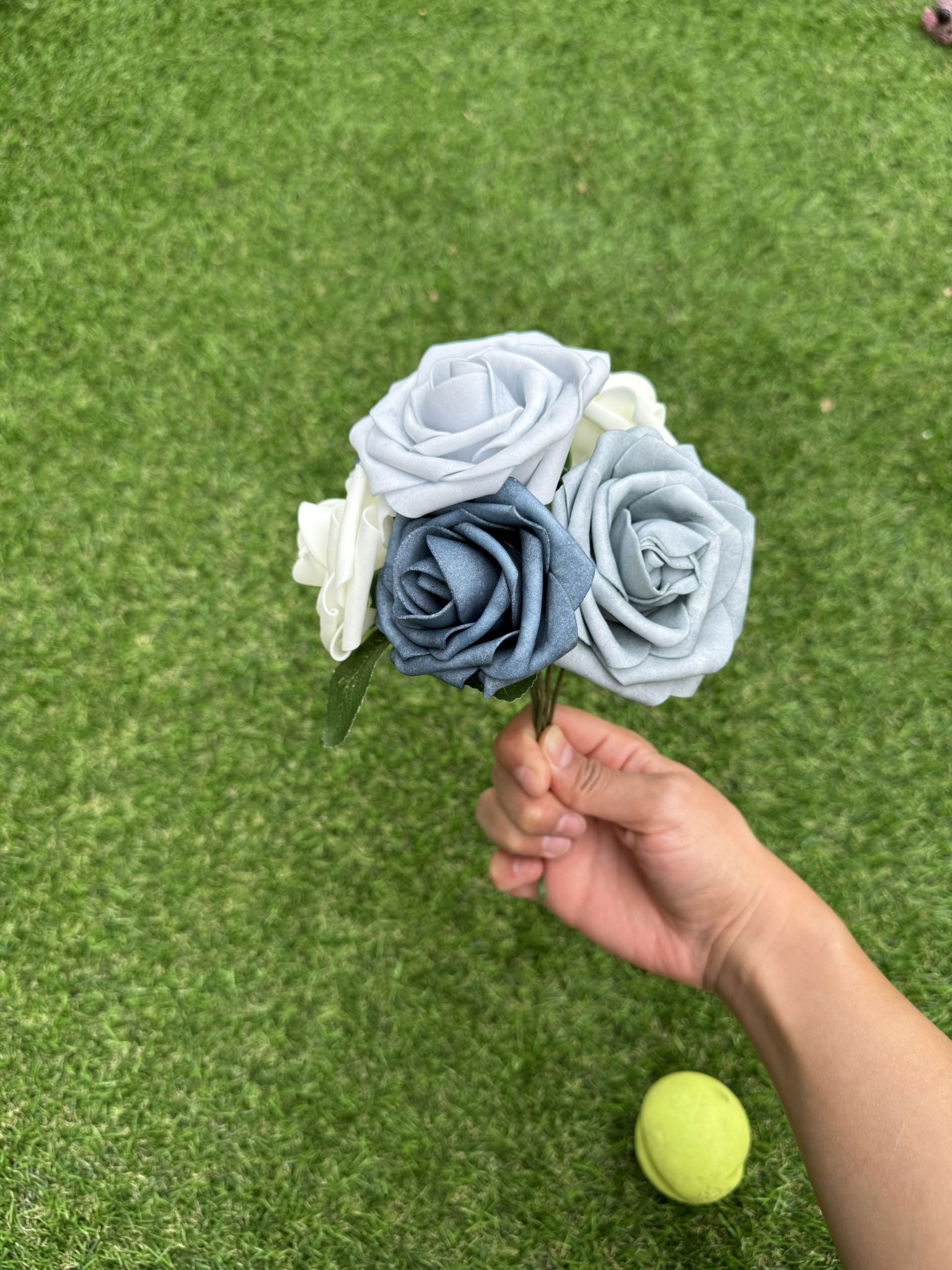 4 Small Bouquets - Dusty Blue And White Roses