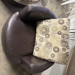 Good Condition Leather Swivel Barrel Chair With Ottoman