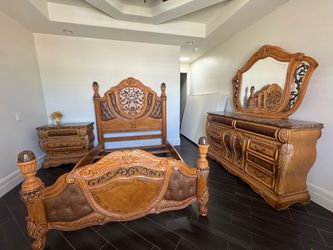 Ornate Carved Wood Bedroom Set – Bed Frame,Dresser, Nightstand