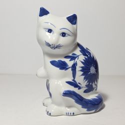 Porcelain Cat Figurine Blue Flowers