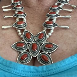96gr Red Coral Sterling Silver Squash Blossom Necklace 