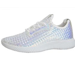 ROXY-ROSE Women Lightweight Metallic Hologram Laced Pyramid Leatherette Studded Jogger Casual Sneaker