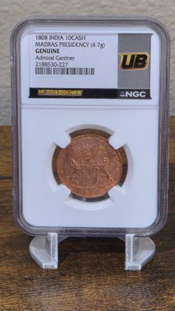 1808 Madras Presidency India 10 Cash Admiral Gardner Copper Coin NGC Genuine