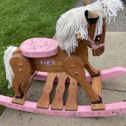 Wooden Rocking Hobby Horse Wood  Pink Hearts and Roses Décor