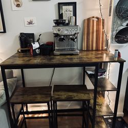 Rustic Brown Table with three side shelfs and two stools