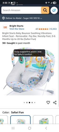 Bright Starts Baby Bouncer Soothing Vibrations Infant Seat - Removable -Toy Bar, Nonslip Feet, 0-6 Months Up to 20 lbs (Safari Fun)