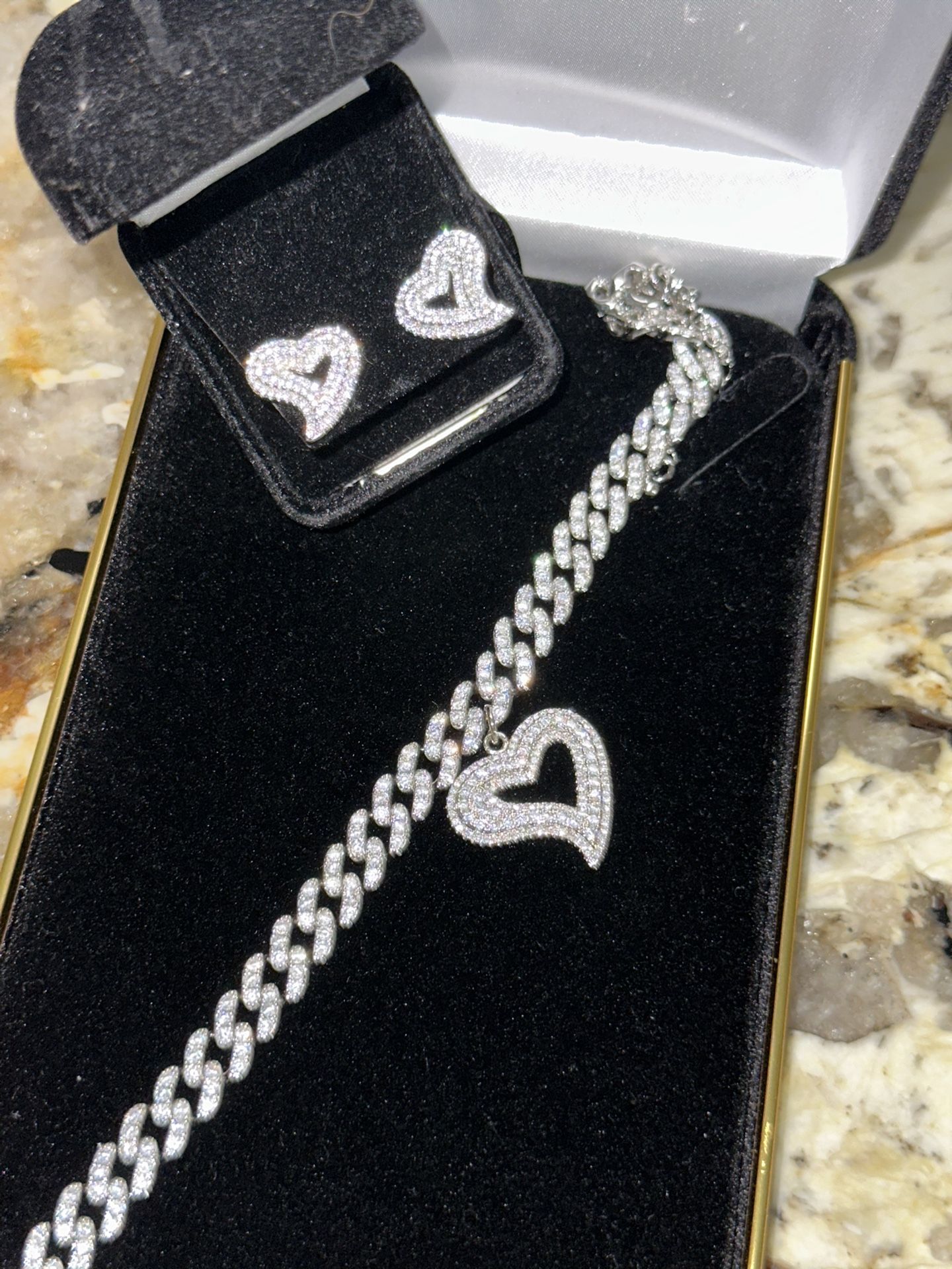 Heart Earrings & Cuban Link Anklet Set 