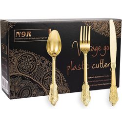 N9R 300pcs Gold Plastic Silverware Dinnerware Flatware- Heavyweight Plastic Cutlery Set, 100 Forks,