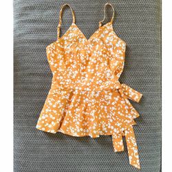 Shein Womens XS Cami Tank Top MOD Side Tie Ditsy Floral Orange Adjustable Straps