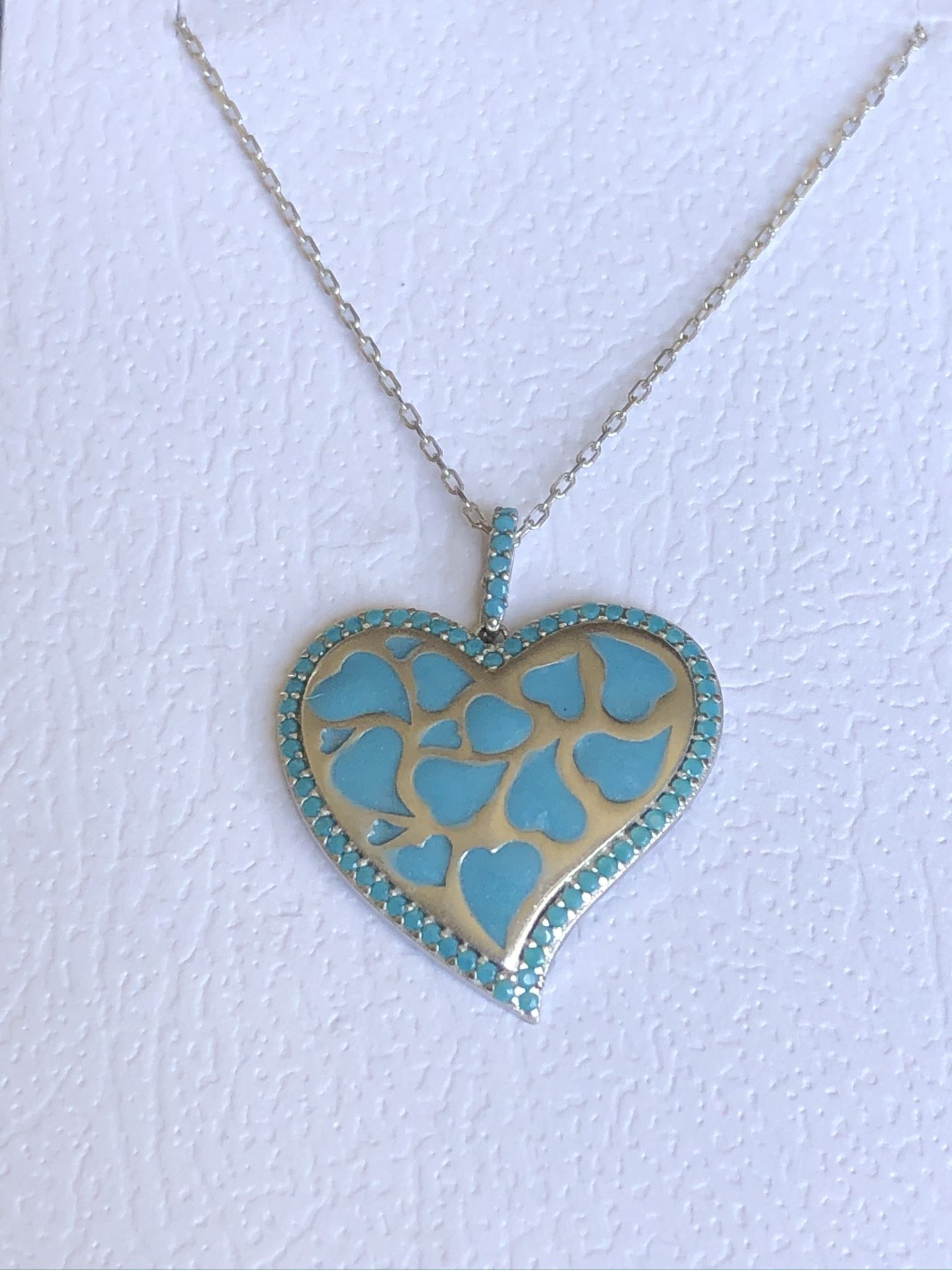 925 Silver hearts in a heart enamel turquoise necklace