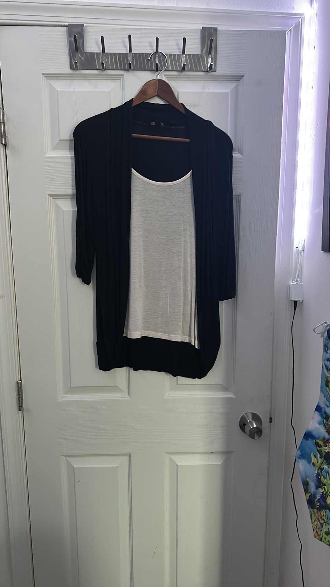 Byer California Faux Two-Piece Black Cardigan Top – Built-In White Tank Layer