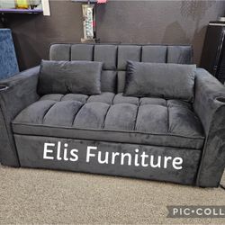 New Sofa Pull Out Bed Futon Black Velvet With Cup Holder & USB Outlet $389