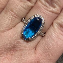 Blue Topaz Halo Ring 925 Sz 8