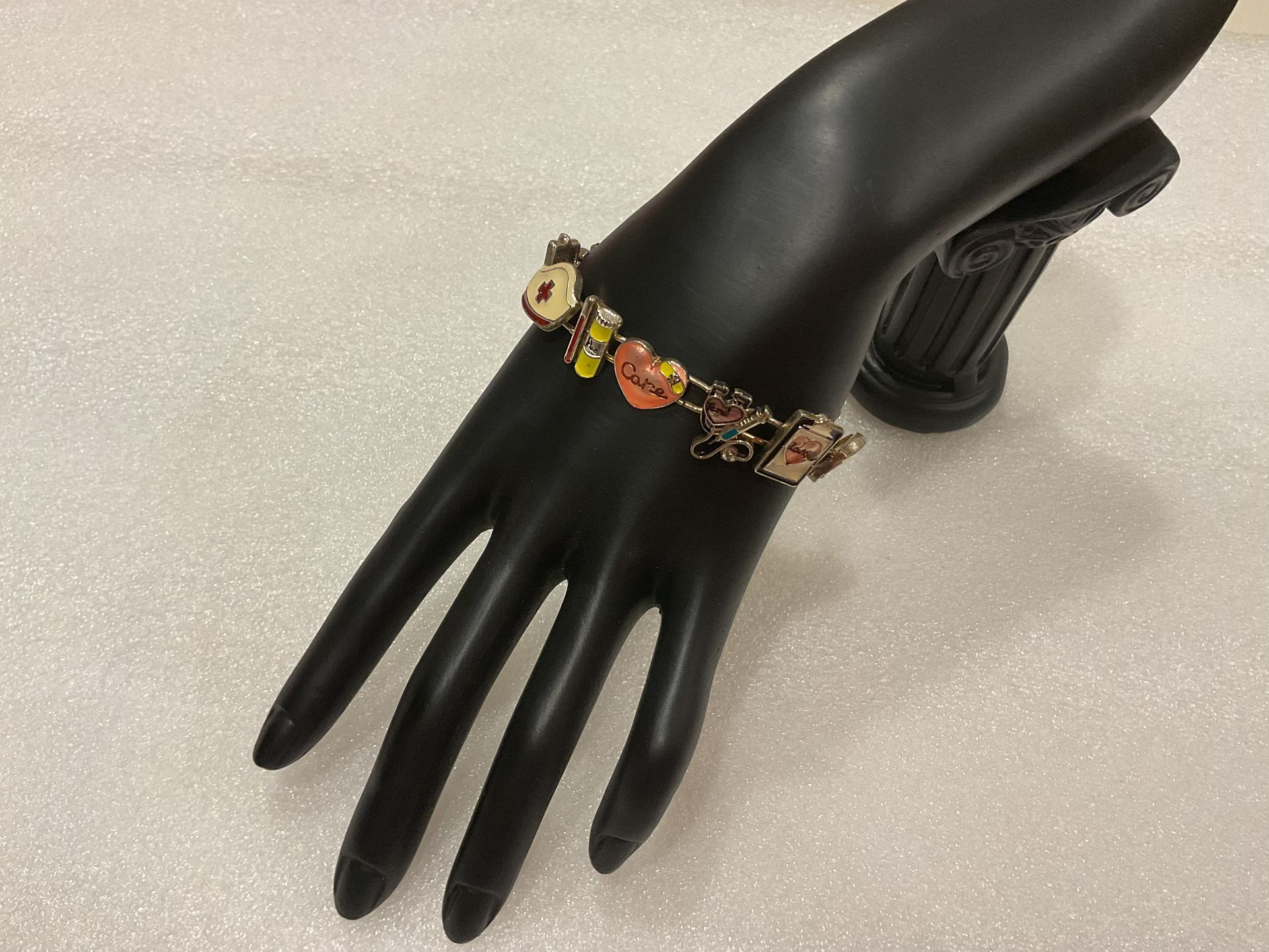 Vintage Metal Enamel Nurse Rx Medical Doctor Charm Magnetic Closure Bracelet 7 - 7 1/2”