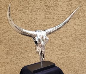 Cow Skull, Chrome Painted Resin