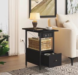 End Table with Charging Station, Narrow Side Table with Drawer and USB Ports & Power Outlets, Nightstand Bedside Tables for Small Spaces, Bedroom, Liv
