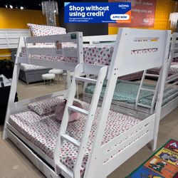 Twin/Full White Bunk bed w. Drawers & Ortho Mattresses Included 