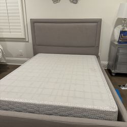 grey queen bed frame, matress and box spring 