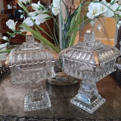 Vintage Pair Jeanett 1960's Glass Covered Pedestal Wedding Box Candy Dish With Gold Trim