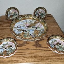 Antique JAPAN Nut Serving Dishes- Fancy Hand Painted set - 5