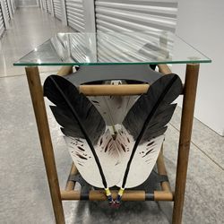 Rustic Feather Accent Table with Glass Top – 20”x20”x28”, Unique Design 
