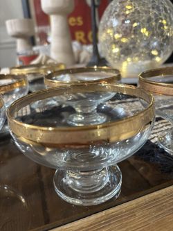 Elegant Vintage Glass Dessert Bowls With 22k Gold Rim