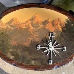 VTG Mountain Scenic Wall Clock 22” Oval Wood Rustic Cabin Lodge Decor 