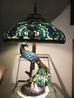 Vintage leaded glass peacock lamp