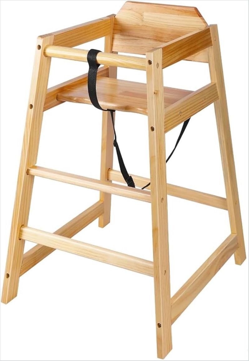 NEOFLAVIE SOLID WOOD HIGH CHAIR WITH SAFETY STRAPS STACKABLE RESTAURANT STYLE EASY TO CLEAN COMMERCIAL GRADE
