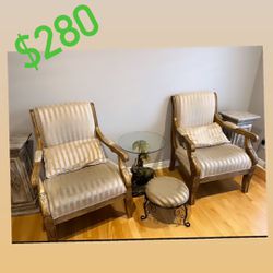 2 Antique Beige Accent Chairs With Free Foot Chair 