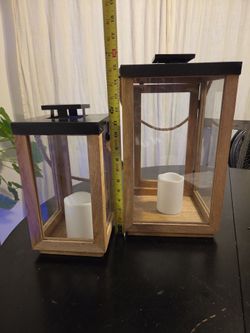 Wood and Glass Candle Lanterns Set of 2