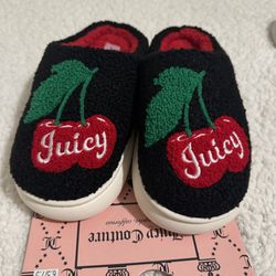 Juicy Couture Womens slippers Cherry Embroidered sz medium black /red new 