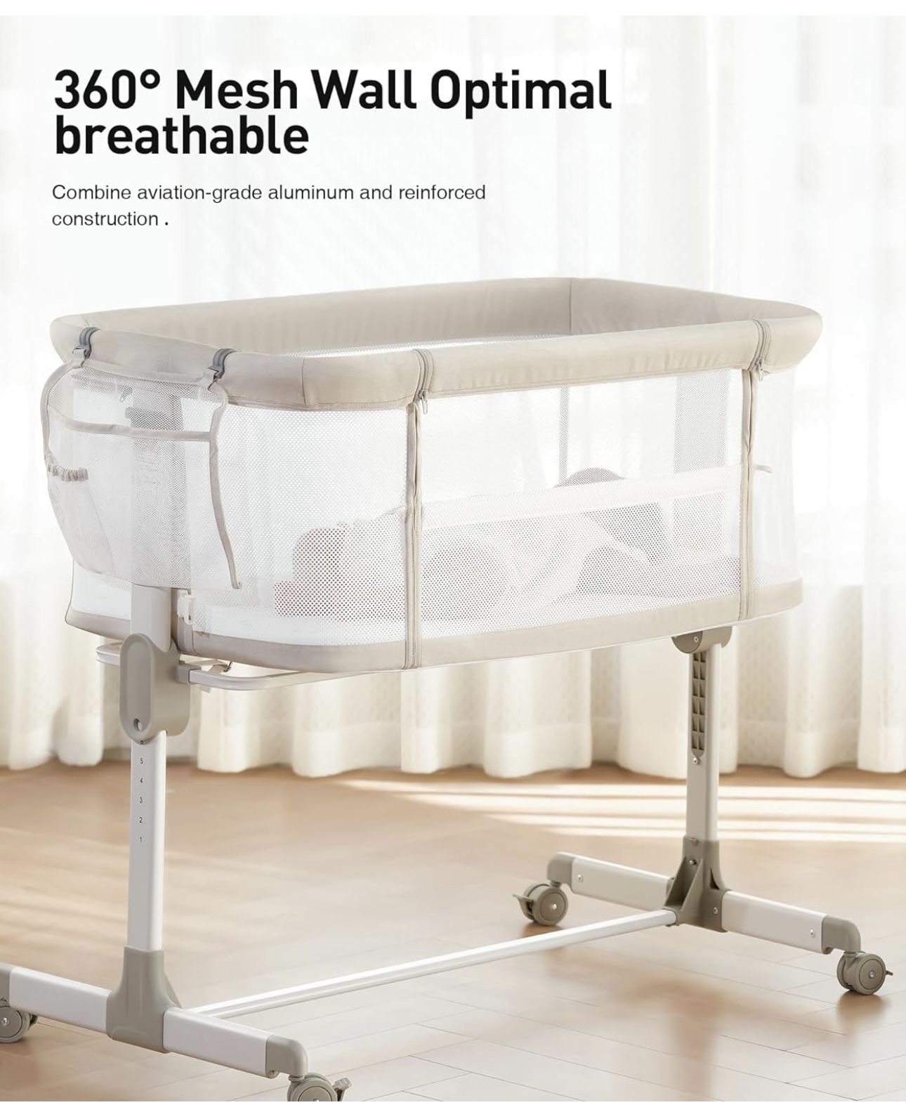  Baby Infant Bassinets Bedside Sleeper - All Mesh Bedside Bassinet with Wheels, 7 Height Adjustable Baby Bassinet for Infants, Beige