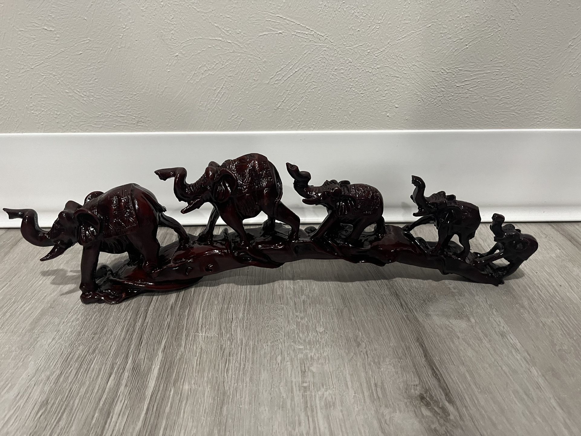 Red Resin Asian Elephants On A Bridge Figurine