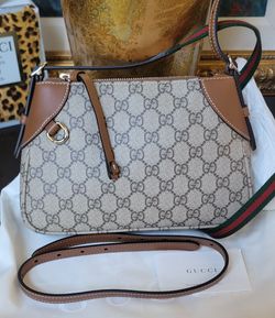 NWT Gucci GG Emblem Monogram Canvas Leather Trim Small Shoulder Bag 2 Straps