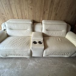Leather Double Recliner With Console Beige Electric