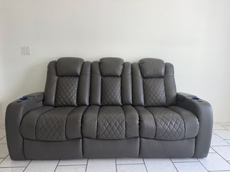 Gray Leather Power Recliner Sofa with Cup Holders