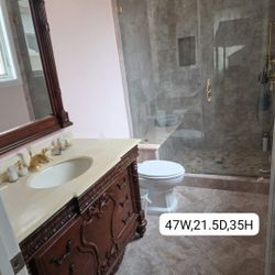 Ornate Dark Wood Vanity w/ Sink, Mirror 47W