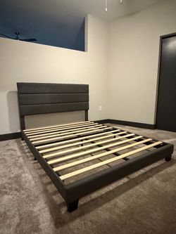 Queen Dark Gray Upholstered Platform Bed Frame – $200