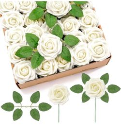 Artificial Flowers, Ivory Foam Real Looking Roses Fake Roses with Short Stem