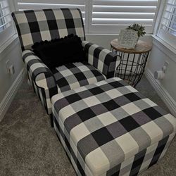 Pier1 buffalo check chair and ottoman/storage.