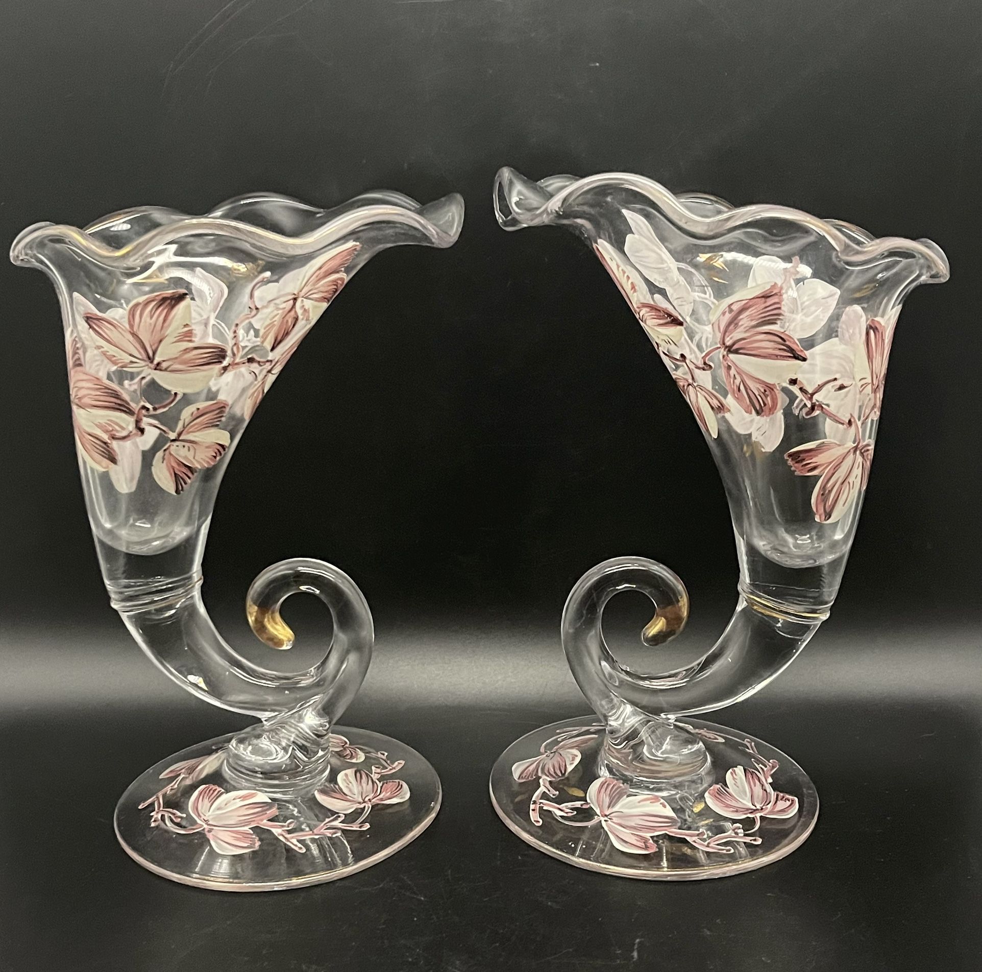 Cambridge Glass Horn Of 2 Piece Vase Set Hand Painted Floral.