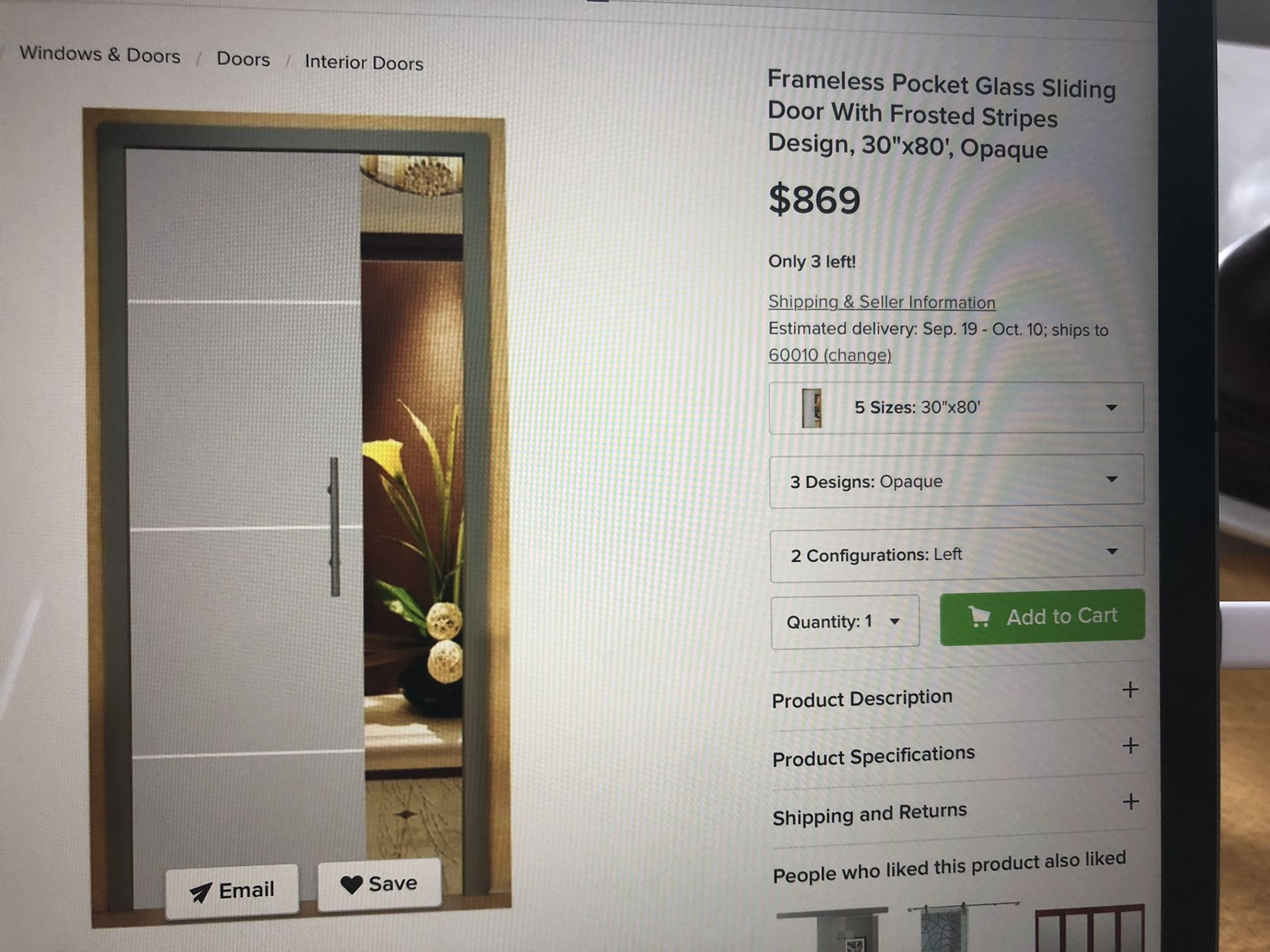 Frameless sliding Glass pocket door 30/82