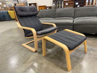 IKEA Light Wood Poang Rocker and Ottoman with Black Cushions