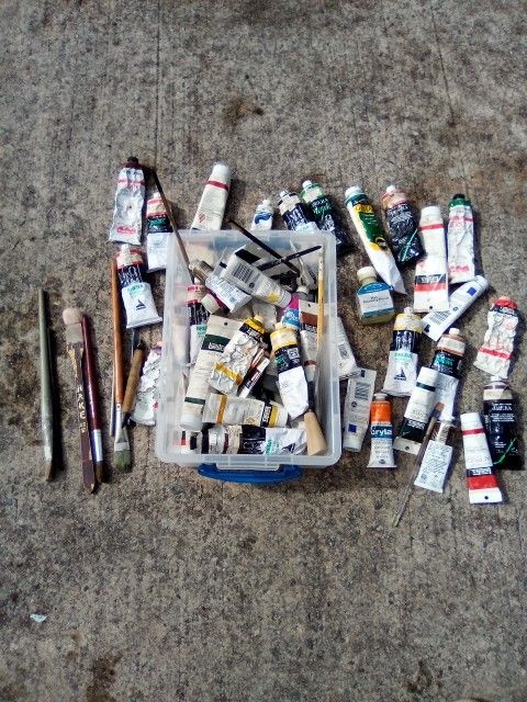 Lot Of Art Supplies Oil Paints Brushes
