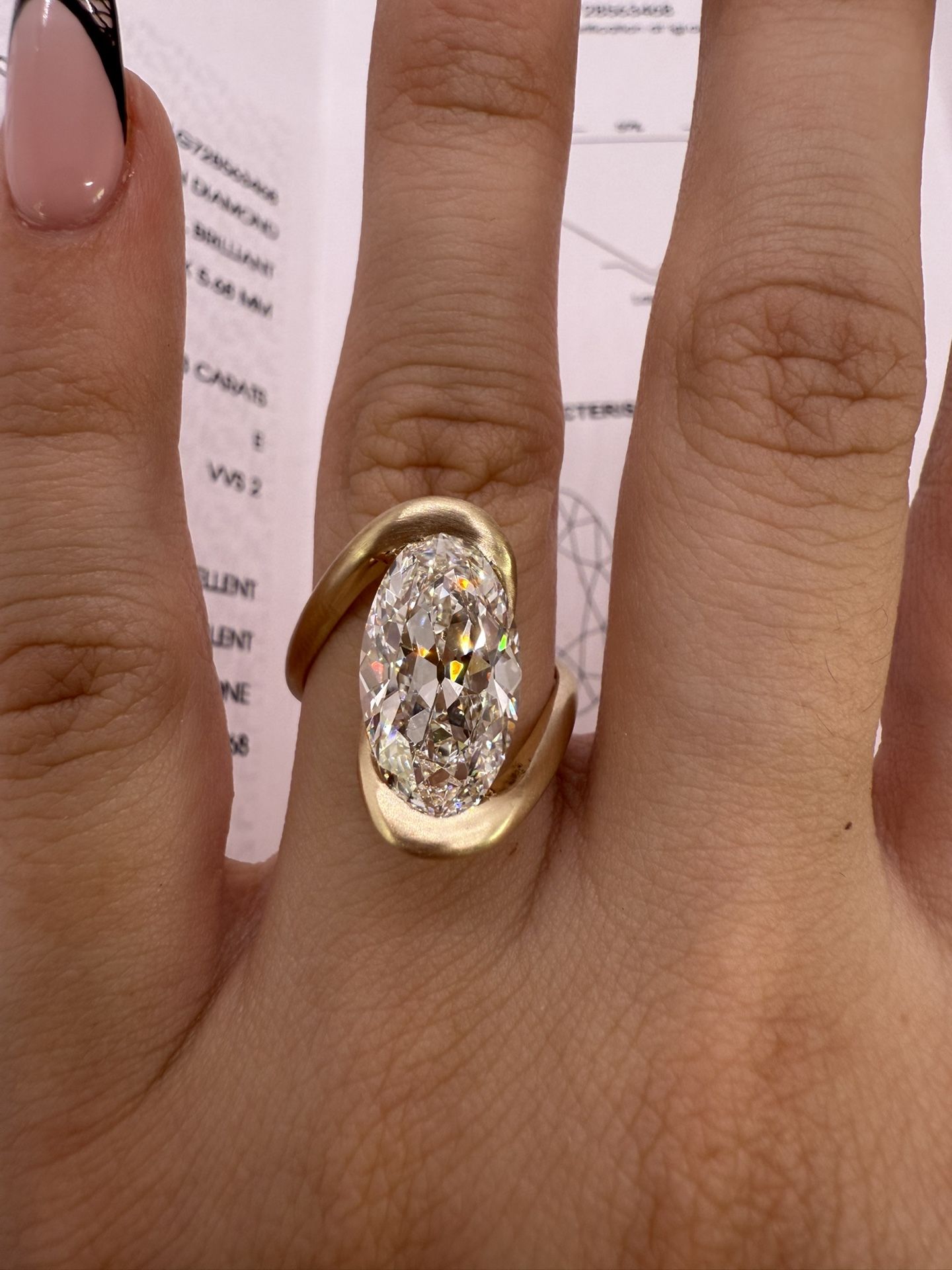 5.03 carat E VVS2 antique moval half bezel bypass satin finish lab diamond Engagement ring