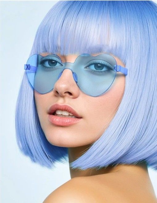 New Wig and Sunglasses 12 Inch Short Bob Wigs with Bangs for Women Costume Cosplay Party (Haze Blue)